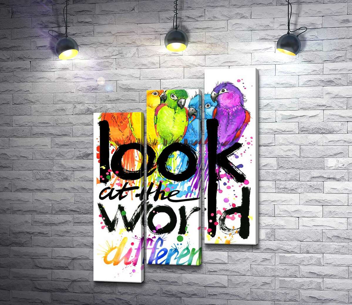 модульна картина Веселкові відтінки оперення папуг та напис "look at the world differently" (Модуль №14)