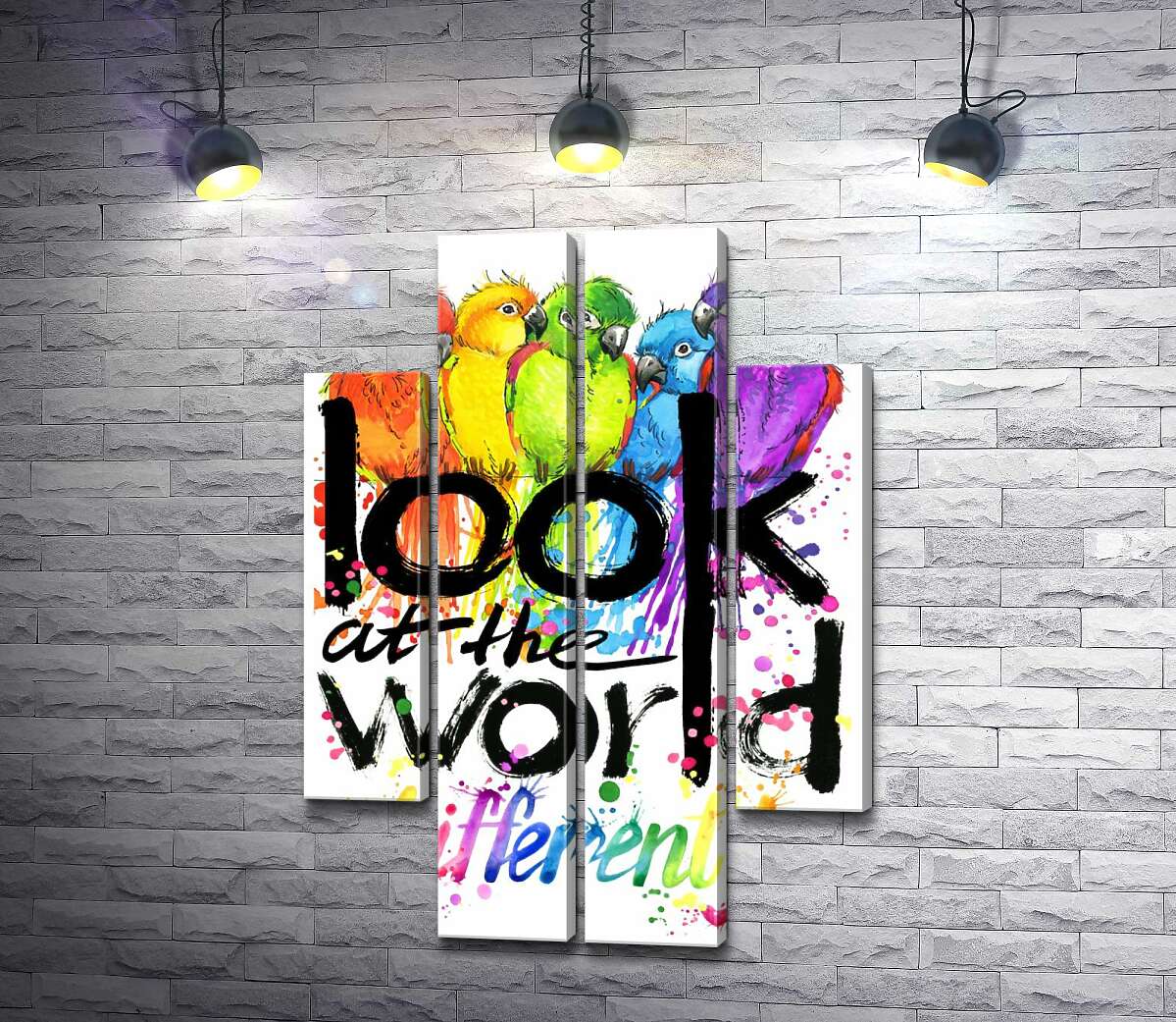 модульна картина Веселкові відтінки оперення папуг та напис "look at the world differently" (Модуль №20)