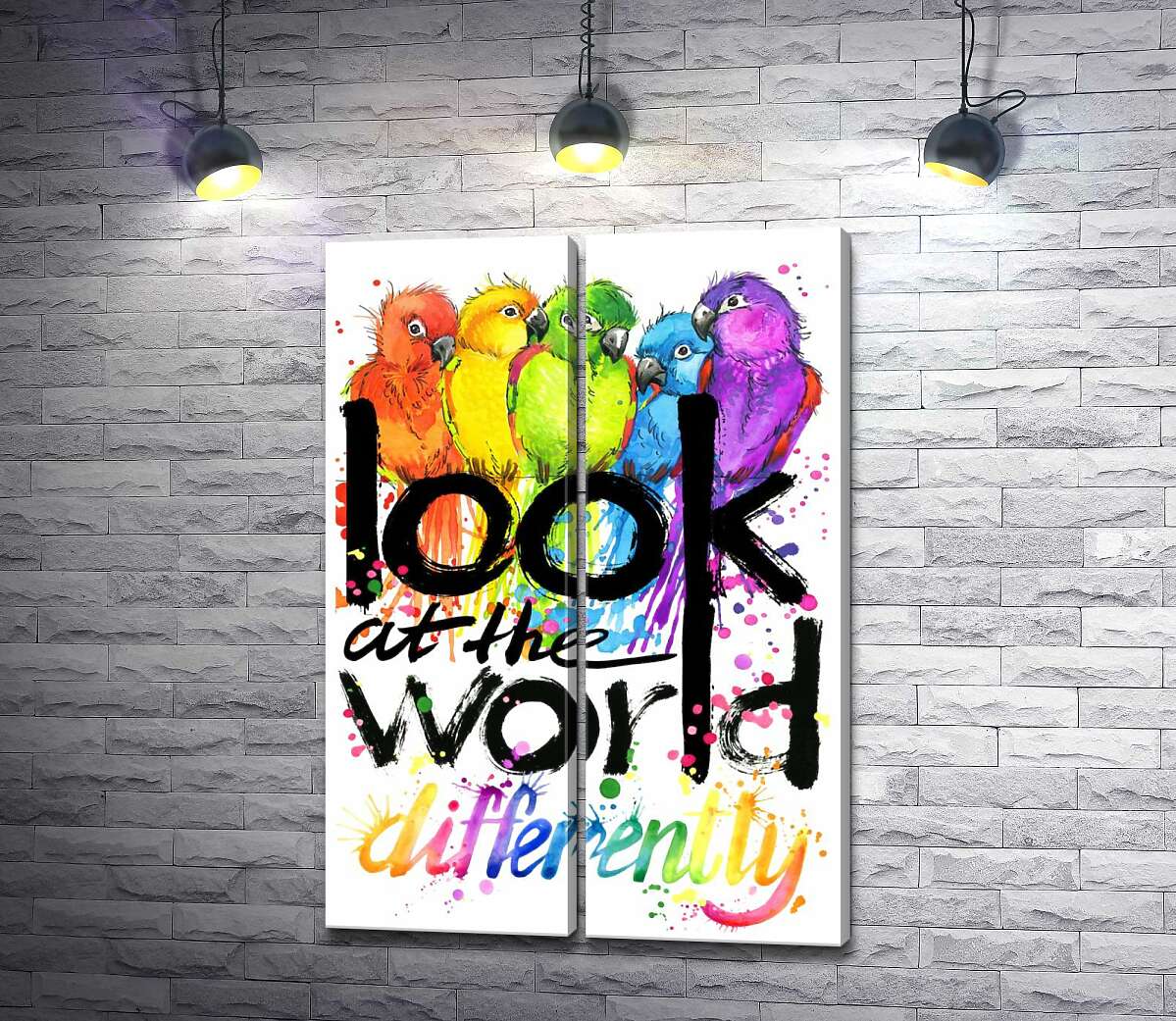 модульная картина Радужные оттенки оперения попугаев и надпись "look at the world differently"