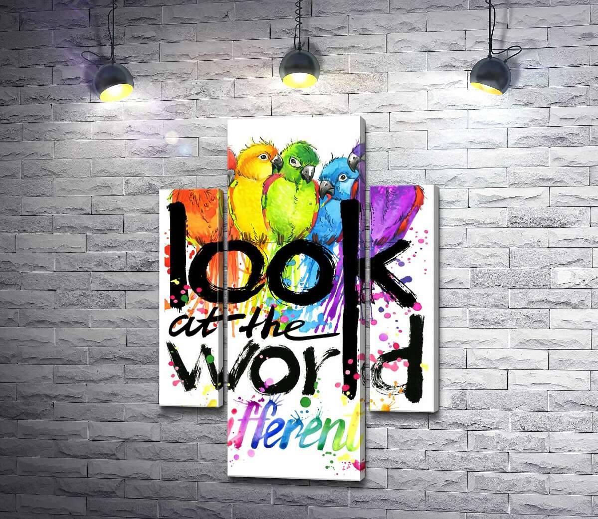 модульна картина Веселкові відтінки оперення папуг та напис "look at the world differently" (Модуль №5)