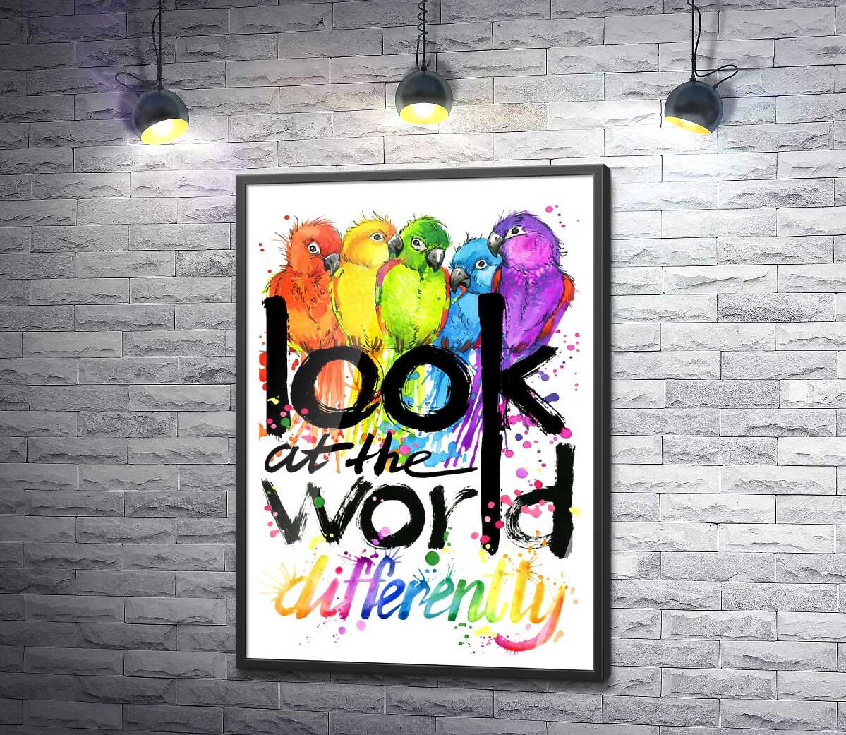 постер Радужные оттенки оперения попугаев и надпись "look at the world differently"