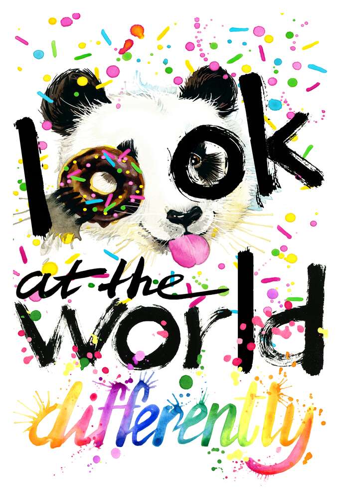 картина-постер Веселая панда с донатсом и надписью "look at the world differently"