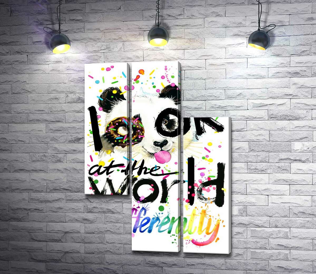 модульная картина Веселая панда с донатсом и надписью "look at the world differently" (Модуль №13)