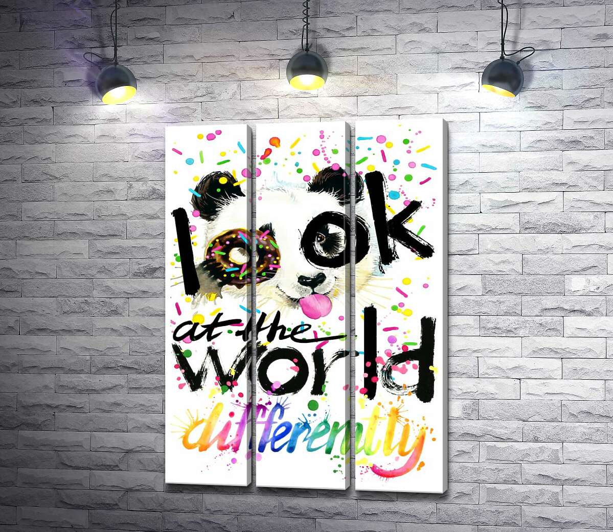 модульная картина Веселая панда с донатсом и надписью "look at the world differently"