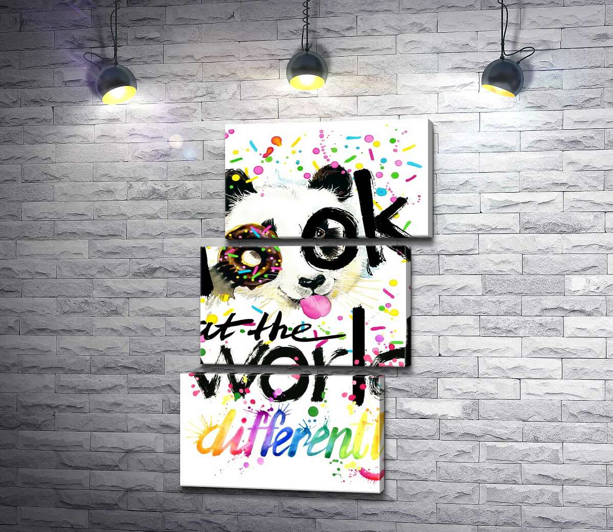 модульна картина Весела панда з донатсом та написом "look at the world differently" (Модуль №17)