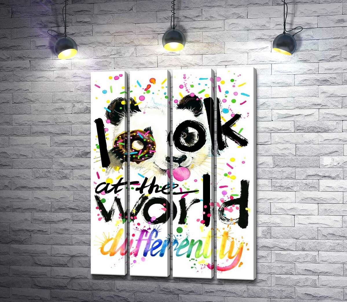 модульна картина Весела панда з донатсом та написом "look at the world differently" (Модуль №24)