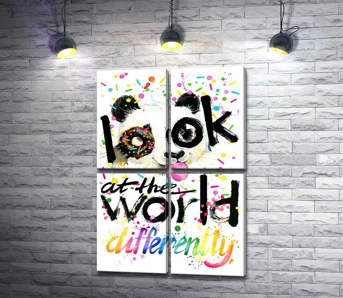 модульная картина Веселая панда с донатсом и надписью "look at the world differently" (Модуль №25)