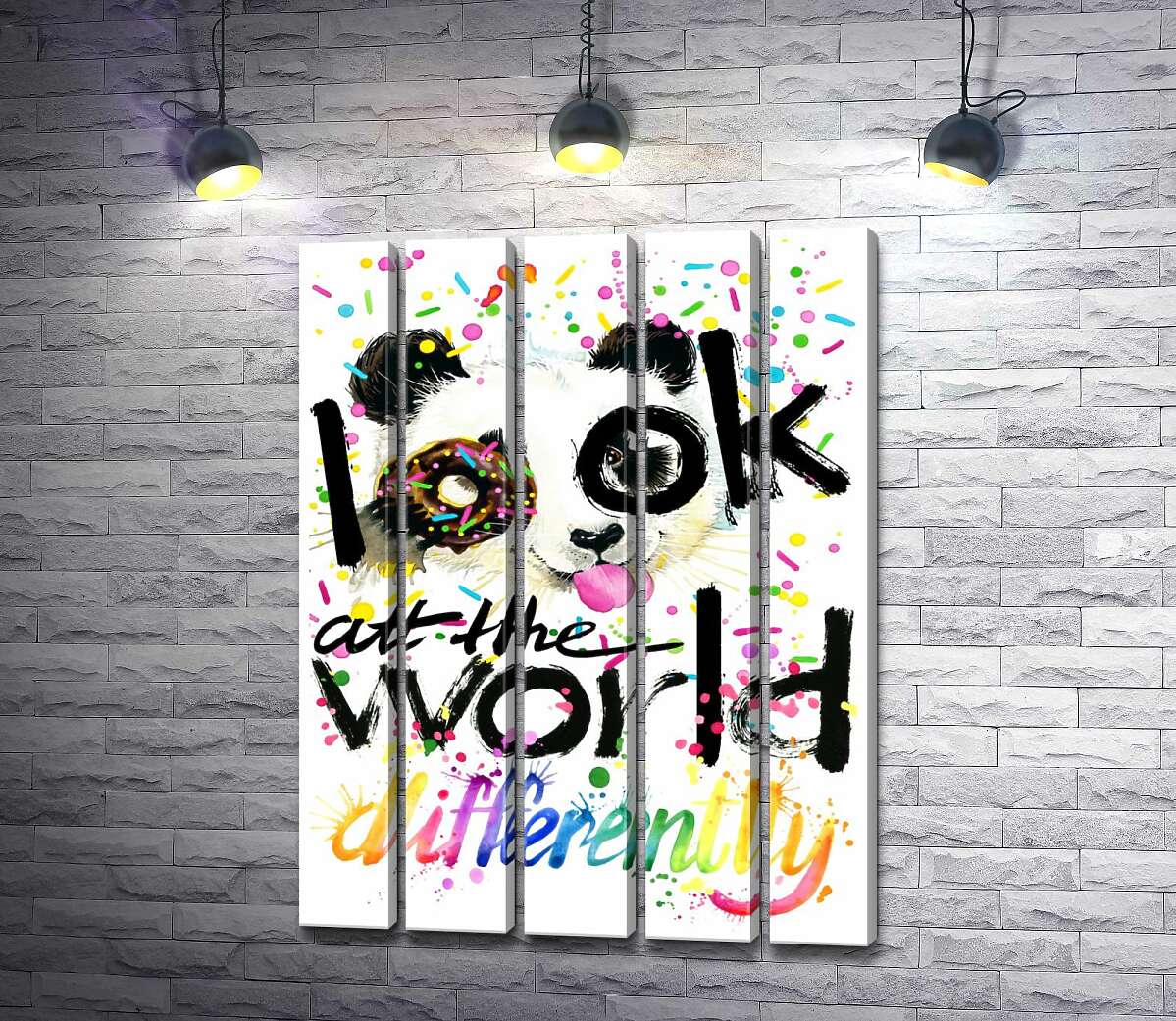 модульная картина Веселая панда с донатсом и надписью "look at the world differently" (Модуль №26)