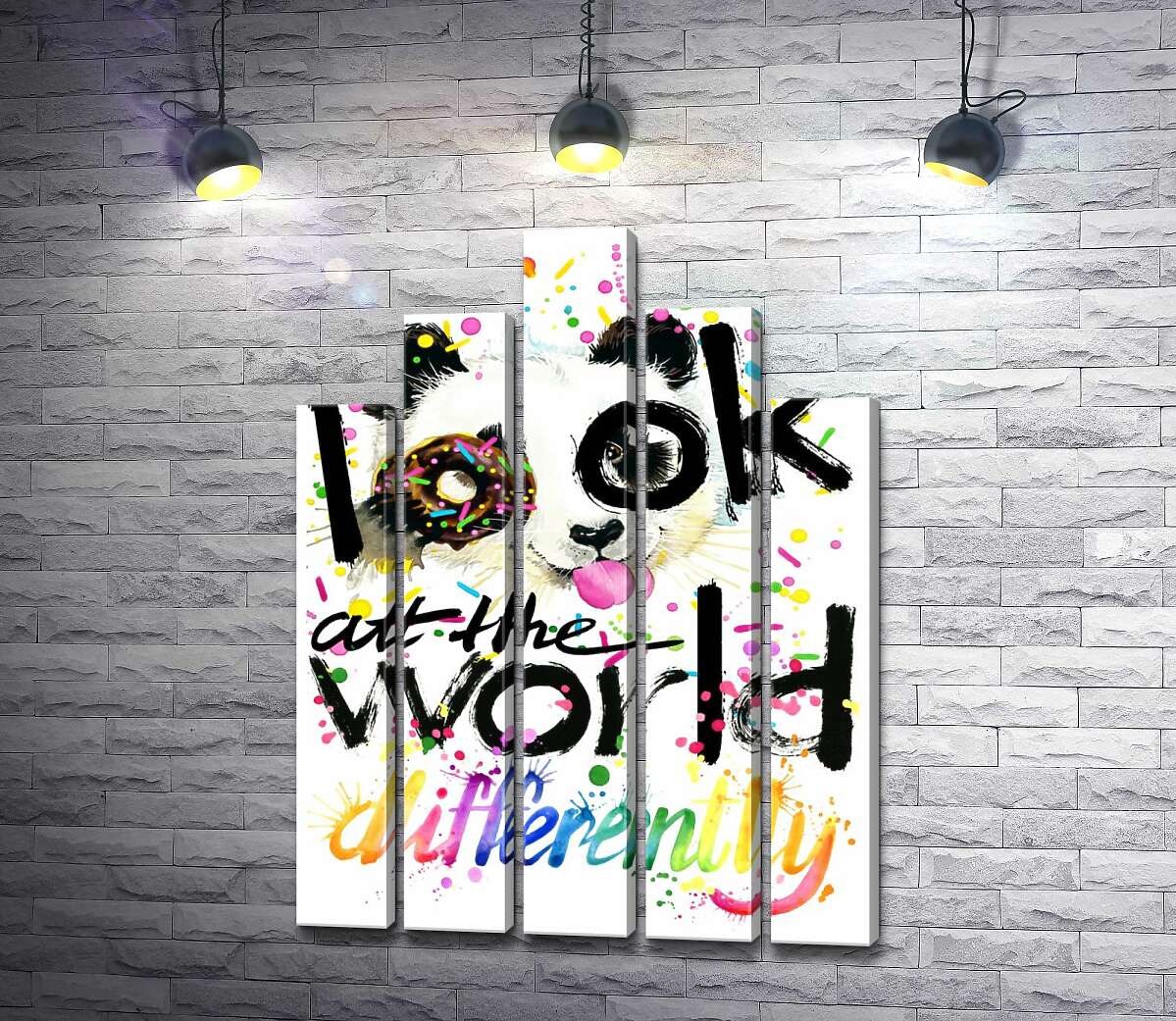 модульна картина Весела панда з донатсом та написом "look at the world differently" (Модуль №29)