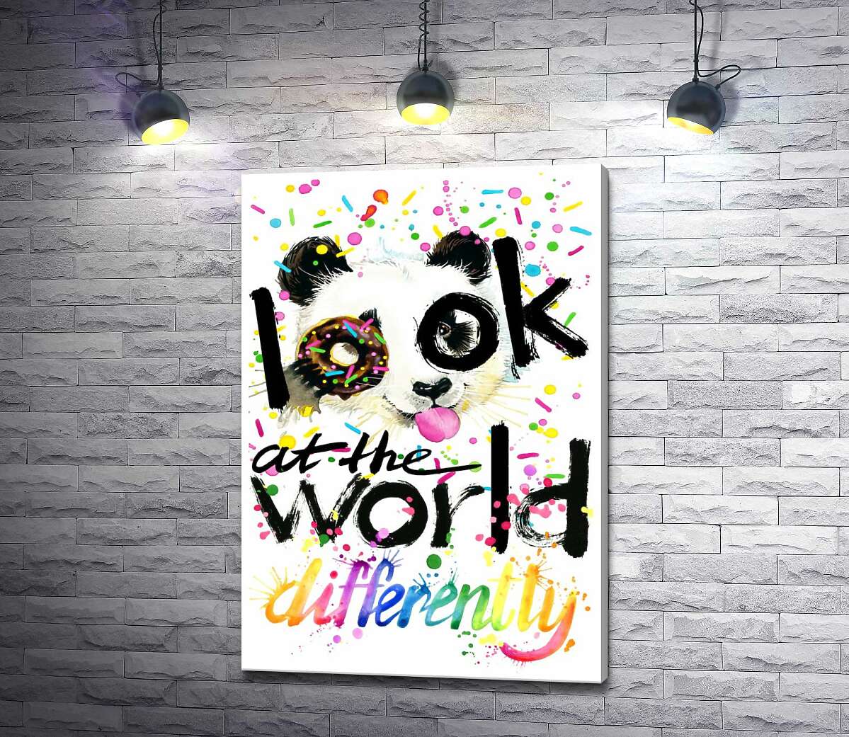 картина Веселая панда с донатсом и надписью "look at the world differently"