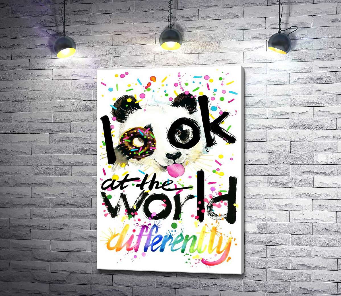 картина Весела панда з донатсом та написом "look at the world differently"
