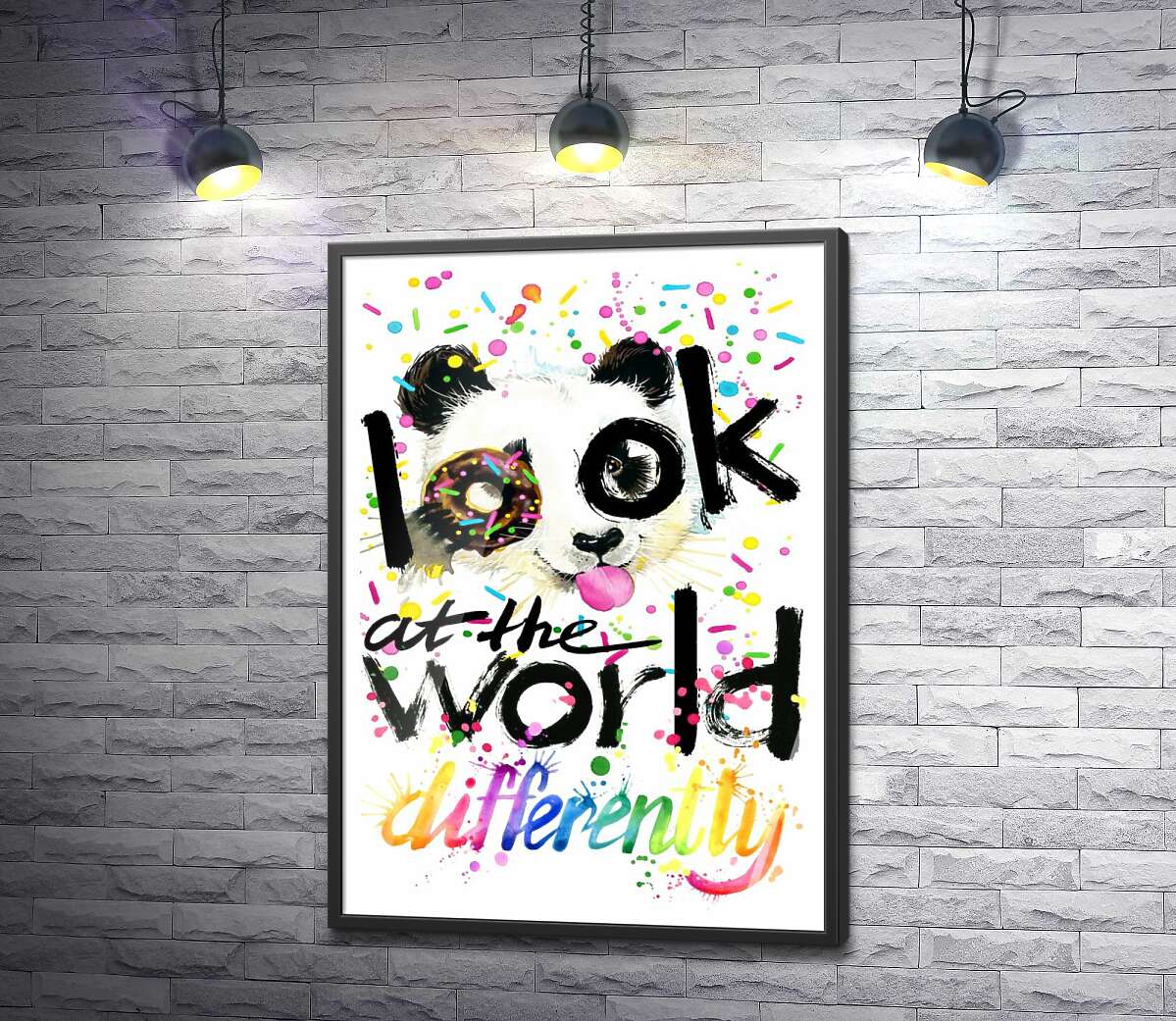 постер Веселая панда с донатсом и надписью "look at the world differently"