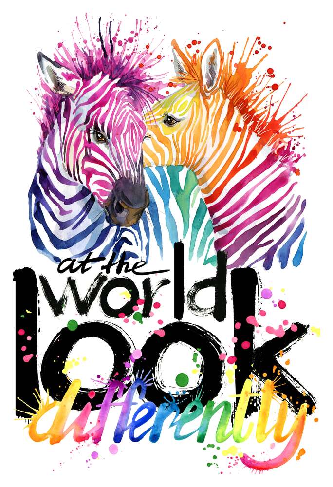 картина-постер Цветные полоски зебр и надпись "look at the world differently"