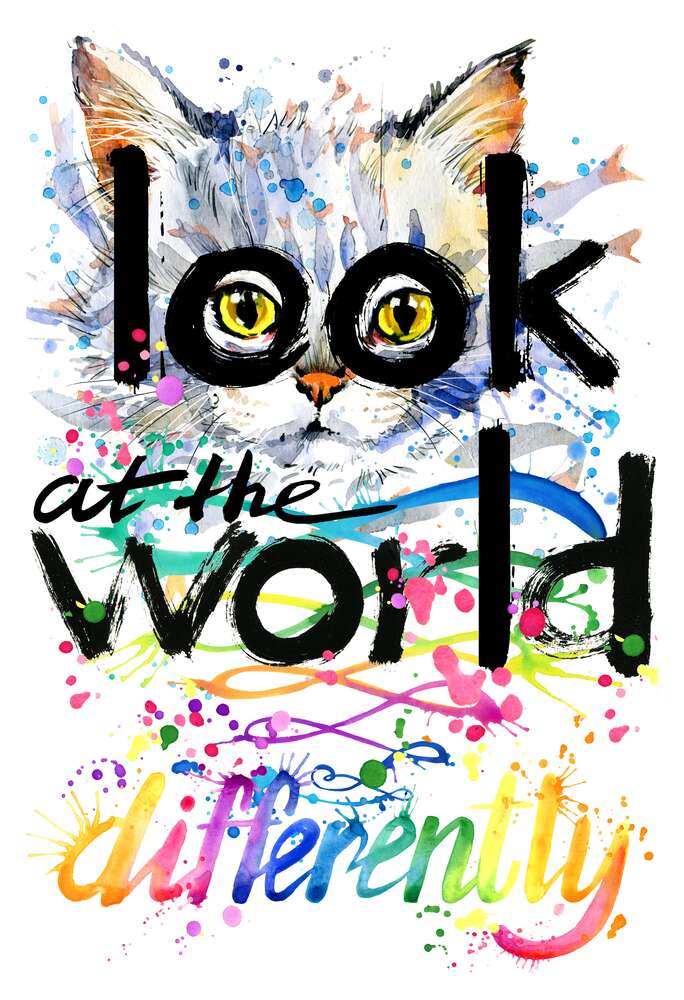 картина-постер Желтые глаза кота выглядывают из-за надписи "look at the world differently"