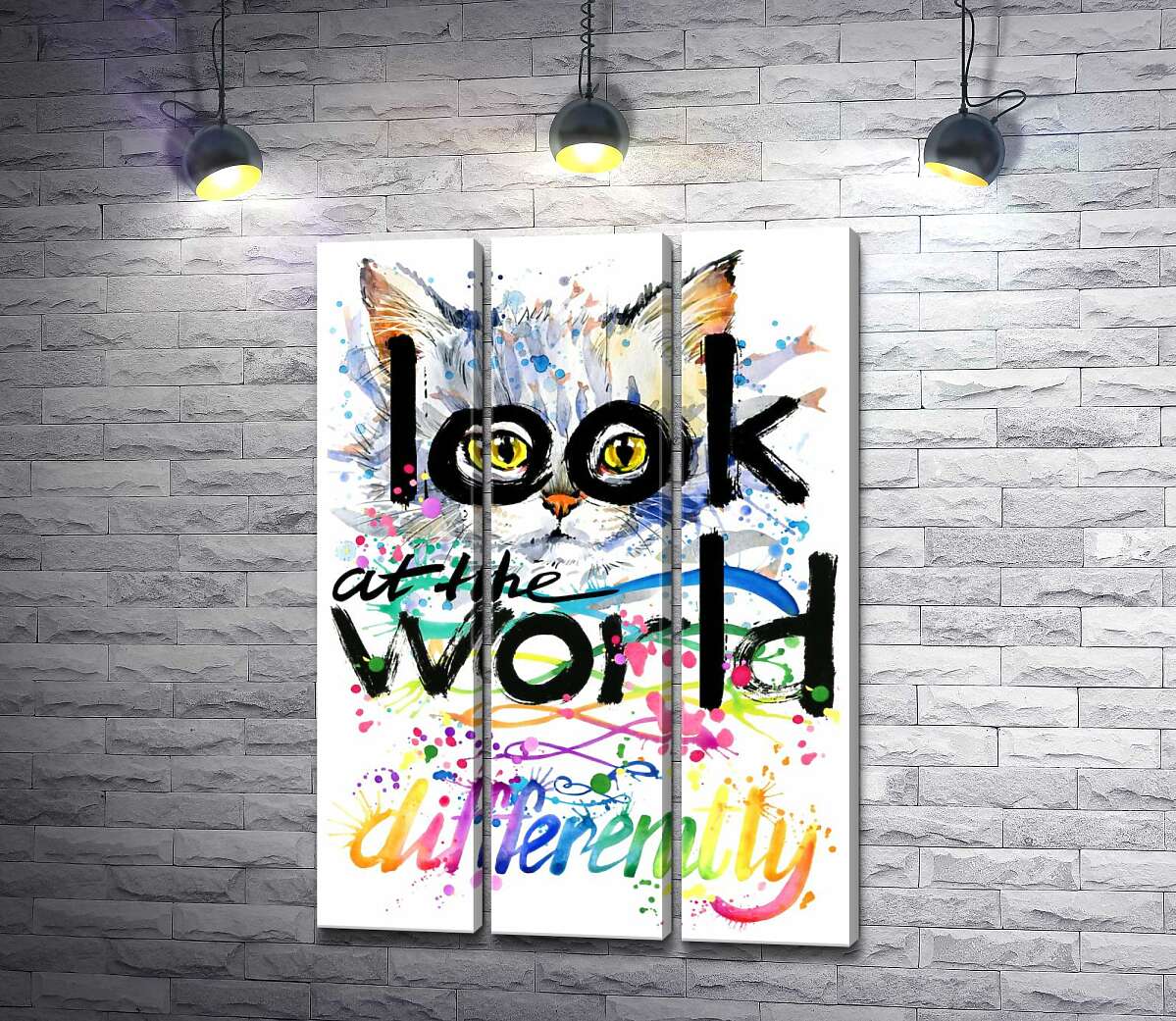 модульна картина Жовті очі кота виглядають з-за напису "look at the world differently"