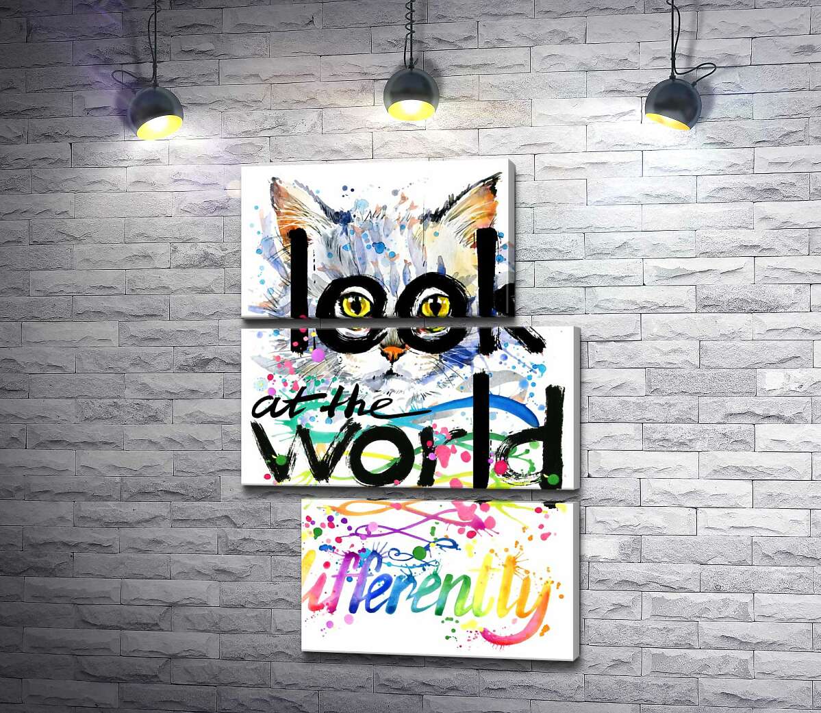 модульна картина Жовті очі кота виглядають з-за напису "look at the world differently" (Модуль №16)