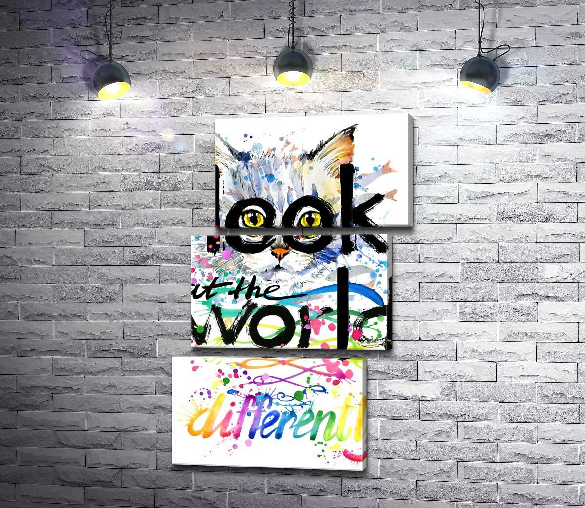 модульна картина Жовті очі кота виглядають з-за напису "look at the world differently" (Модуль №17)