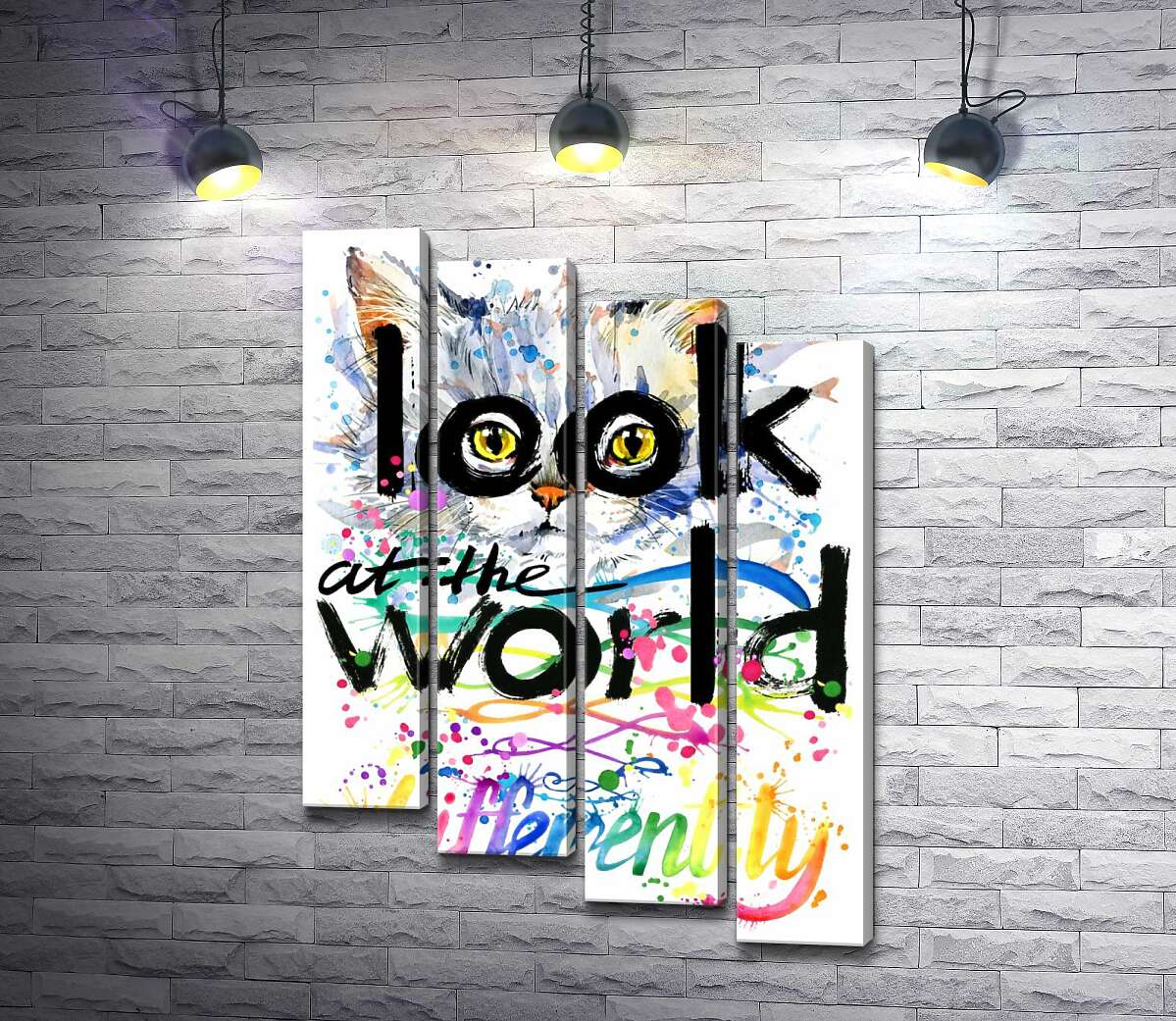 модульна картина Жовті очі кота виглядають з-за напису "look at the world differently" (Модуль №19)