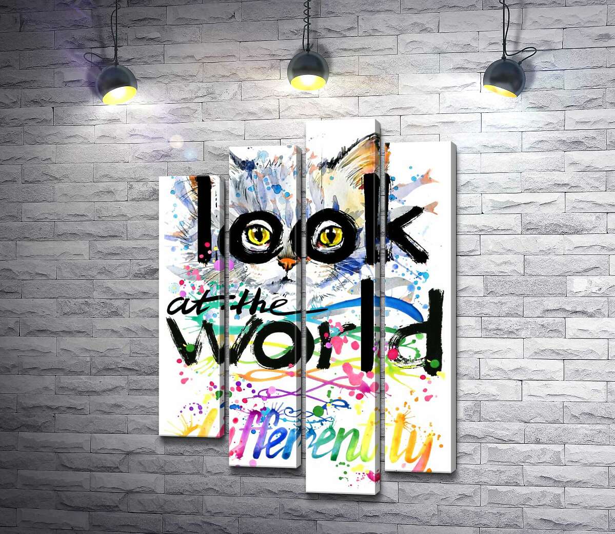 модульная картина Желтые глаза кота выглядывают из-за надписи "look at the world differently" (Модуль №3)