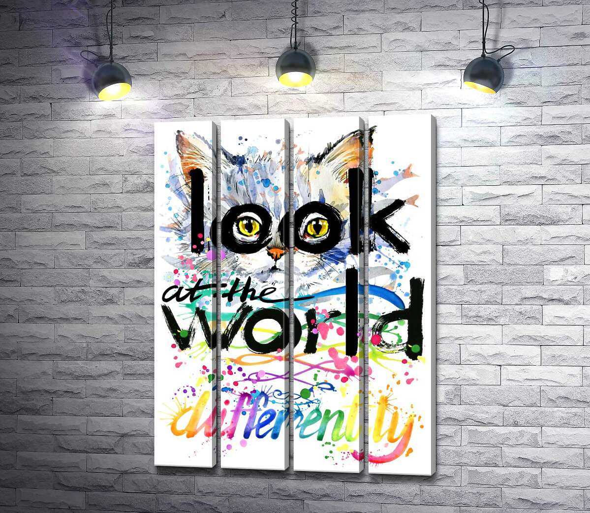 модульна картина Жовті очі кота виглядають з-за напису "look at the world differently" (Модуль №24)