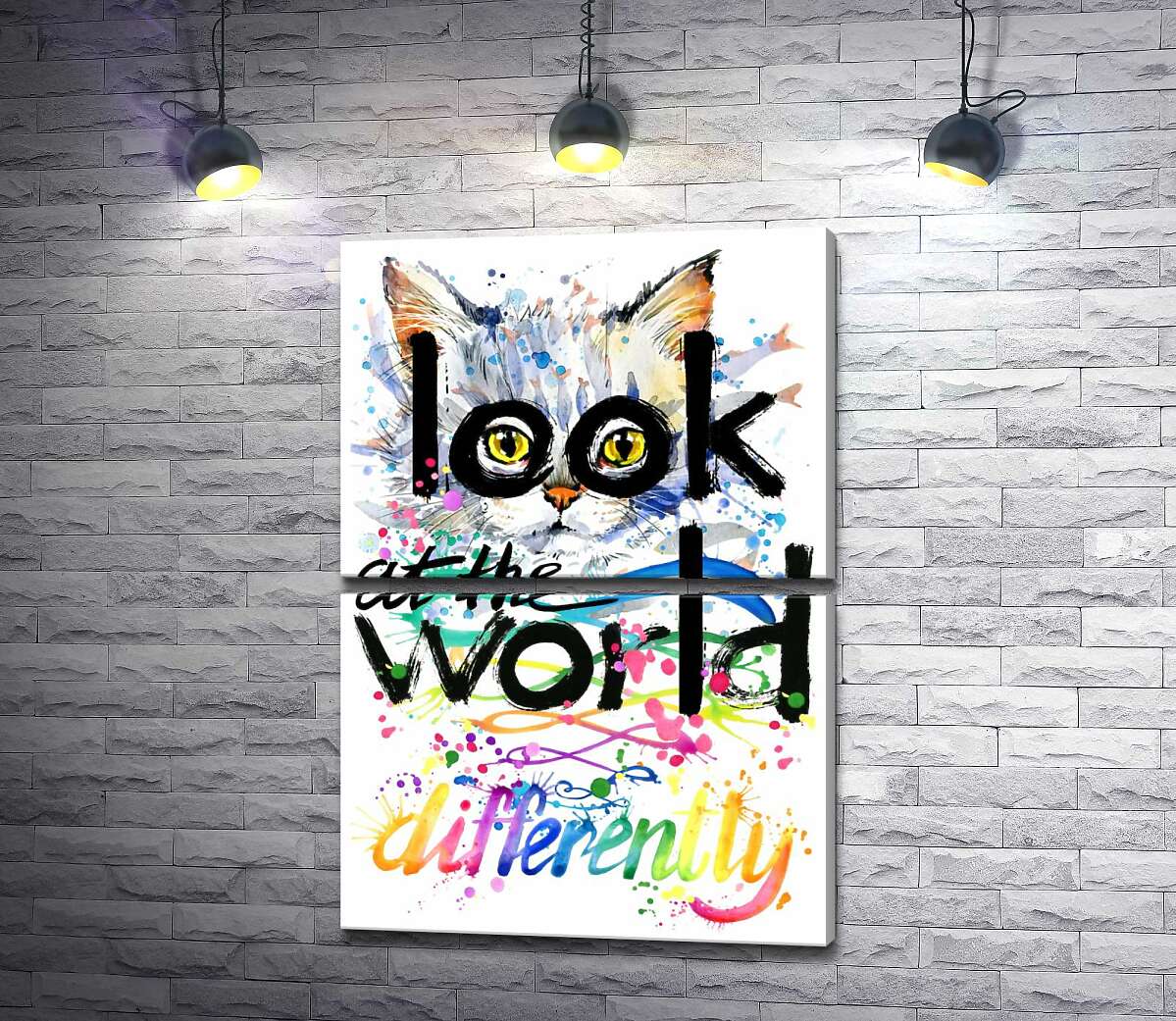 модульна картина Жовті очі кота виглядають з-за напису "look at the world differently" (Модуль №7)