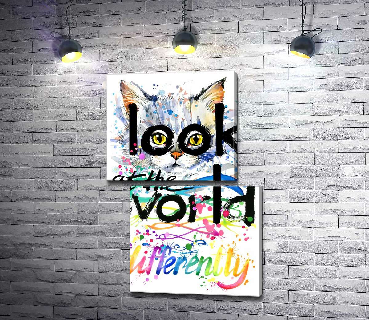 модульна картина Жовті очі кота виглядають з-за напису "look at the world differently" (Модуль №8)