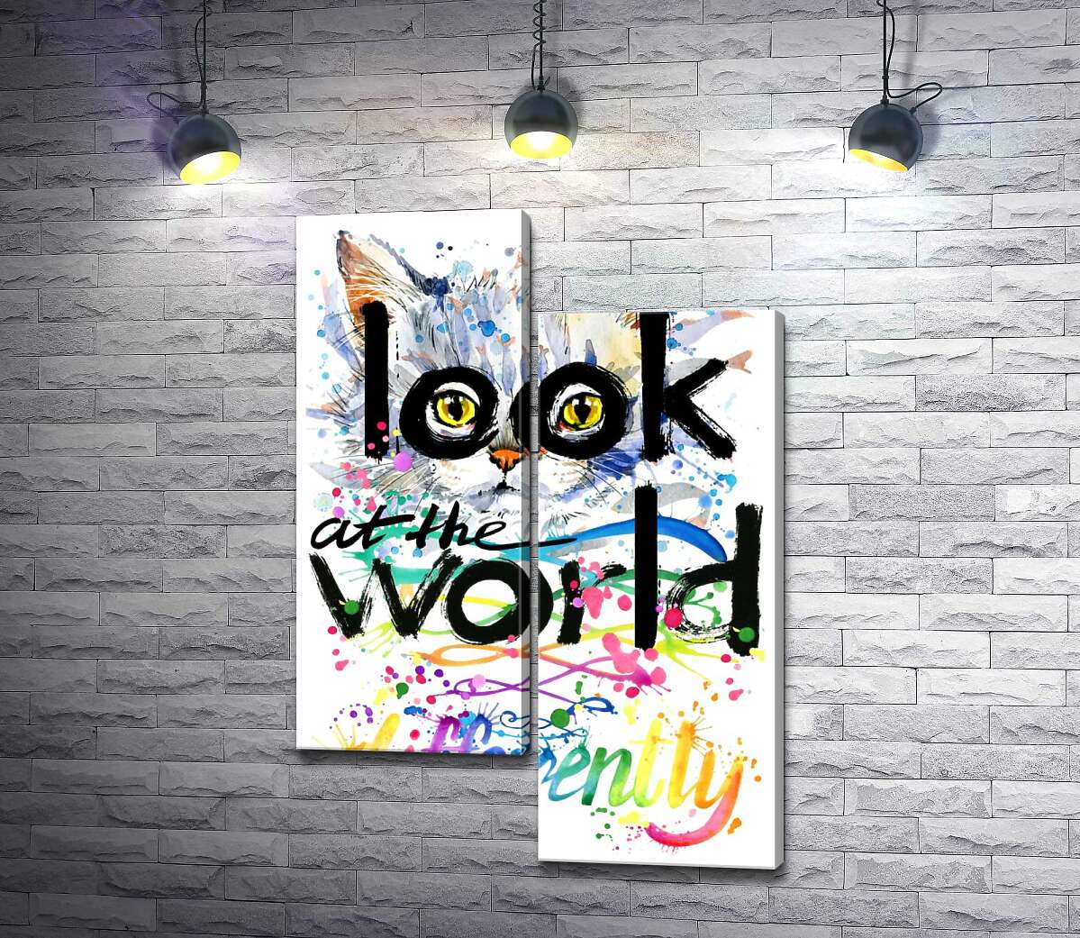 модульная картина Желтые глаза кота выглядывают из-за надписи "look at the world differently" (Модуль №9)