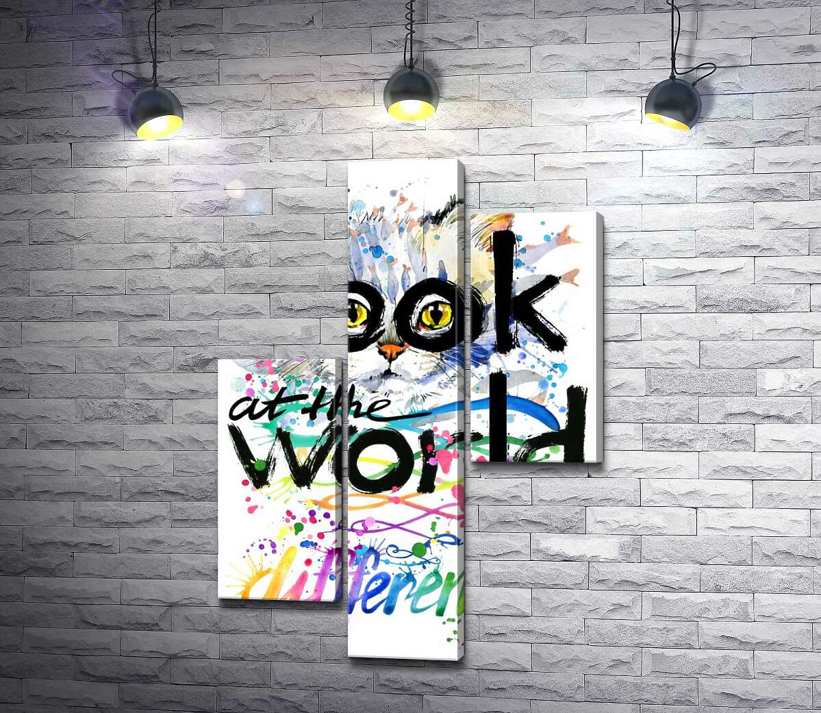 модульная картина Желтые глаза кота выглядывают из-за надписи "look at the world differently" (Модуль №12)