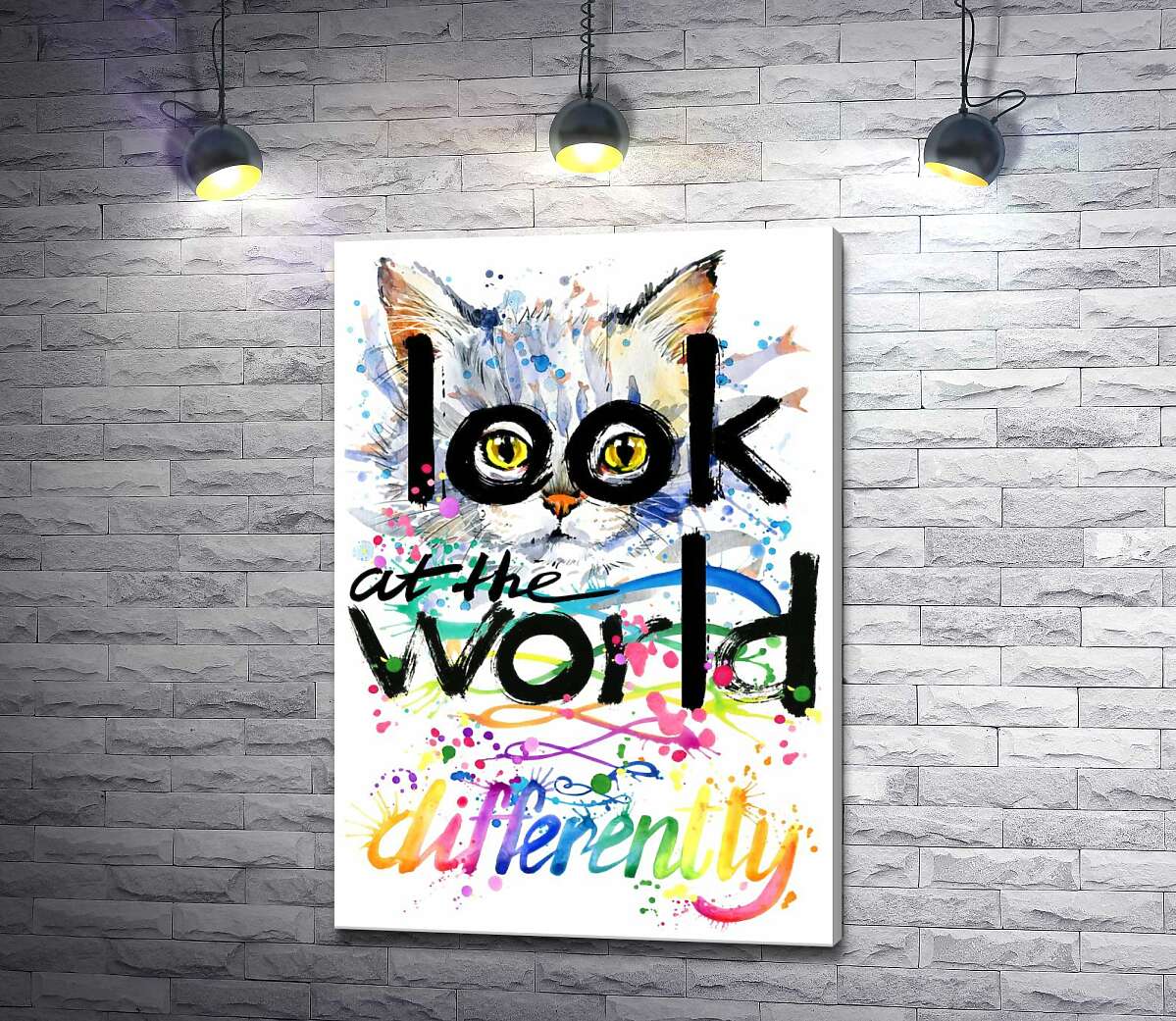картина Желтые глаза кота выглядывают из-за надписи "look at the world differently"