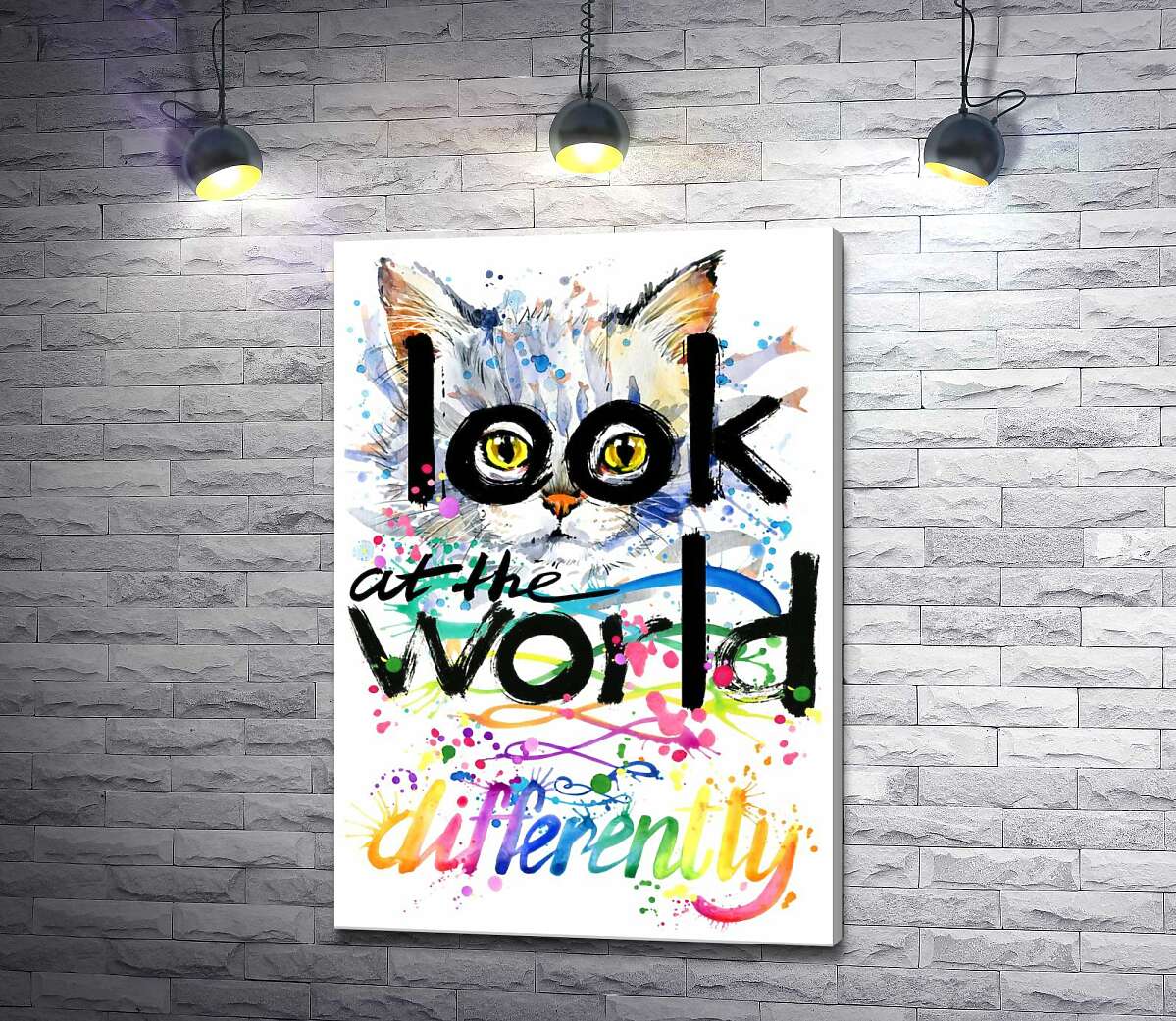 картина Жовті очі кота виглядають з-за напису "look at the world differently"
