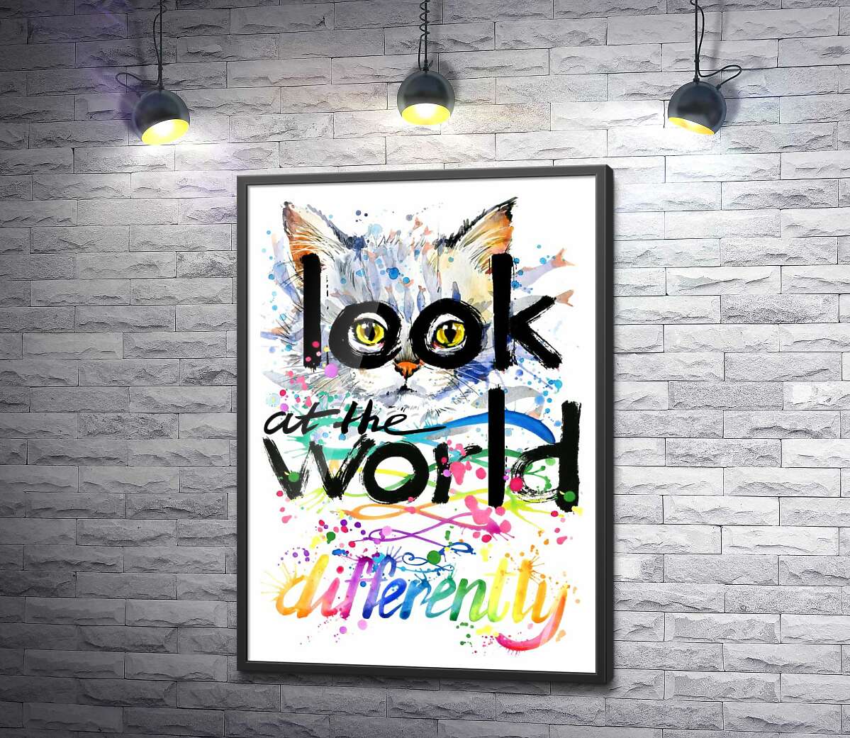 постер Желтые глаза кота выглядывают из-за надписи "look at the world differently"
