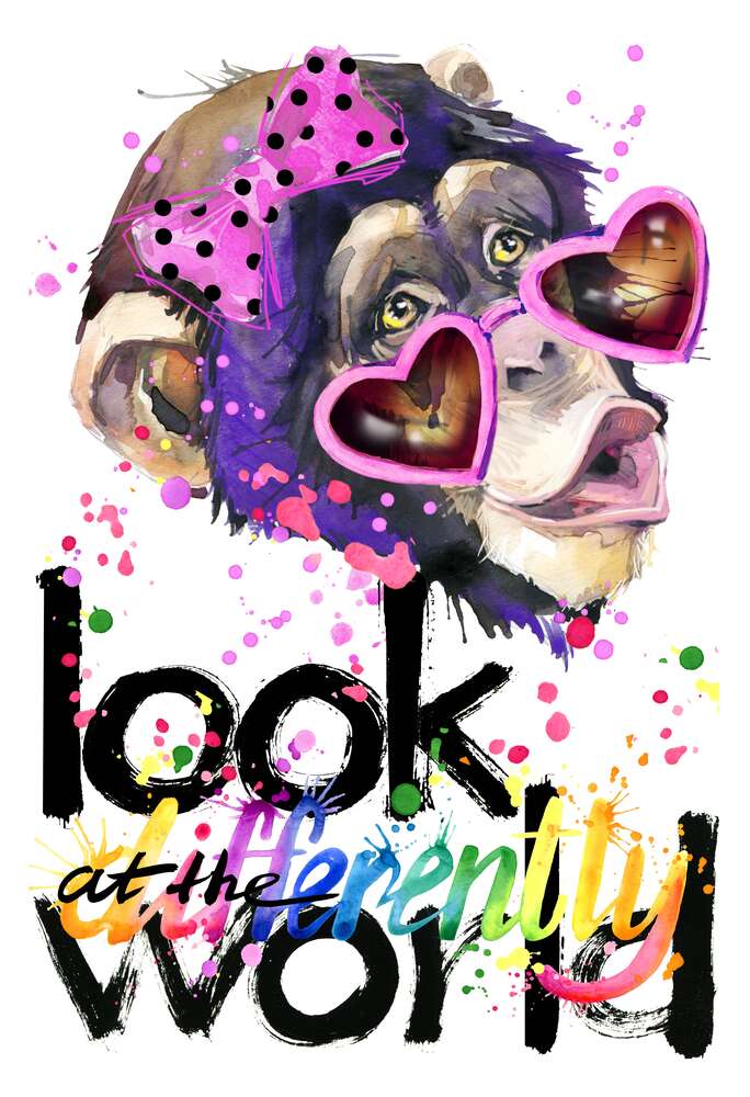 картина-постер Романтичная обезьяна в очках и надпись "look at the world differently"