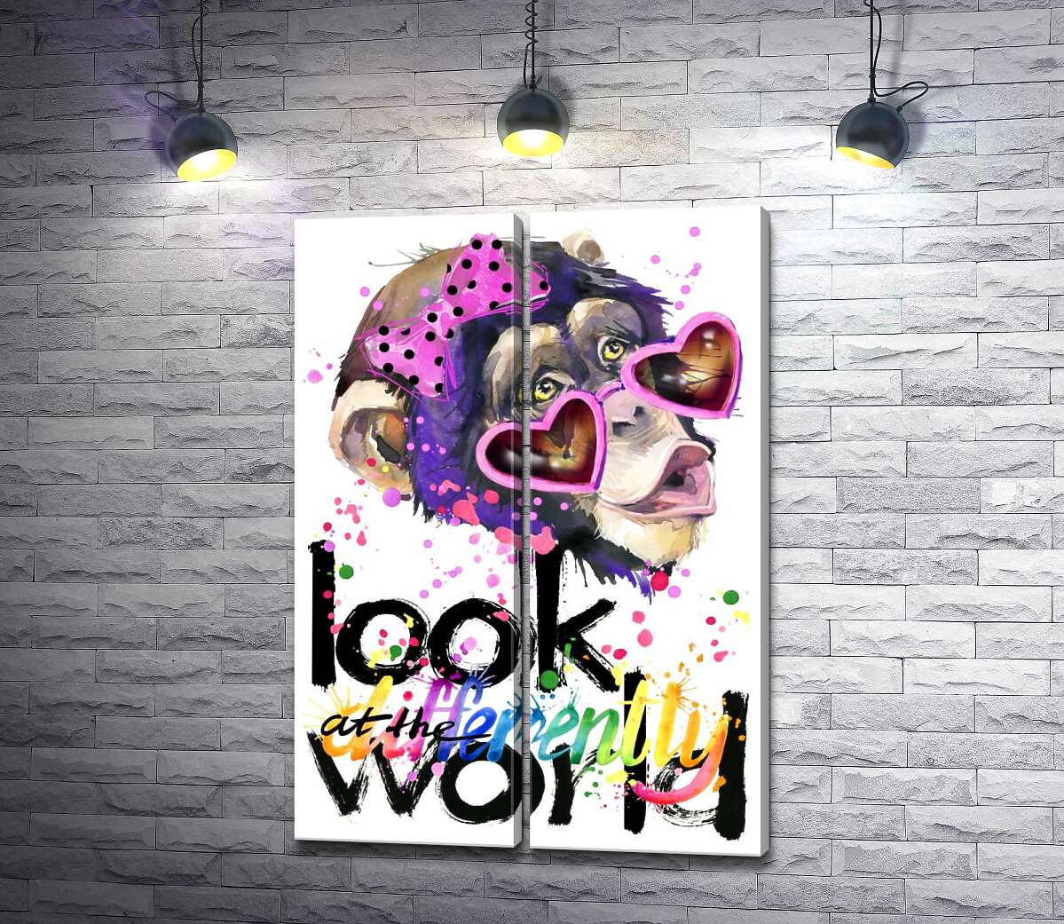 модульная картина Романтичная обезьяна в очках и надпись "look at the world differently"