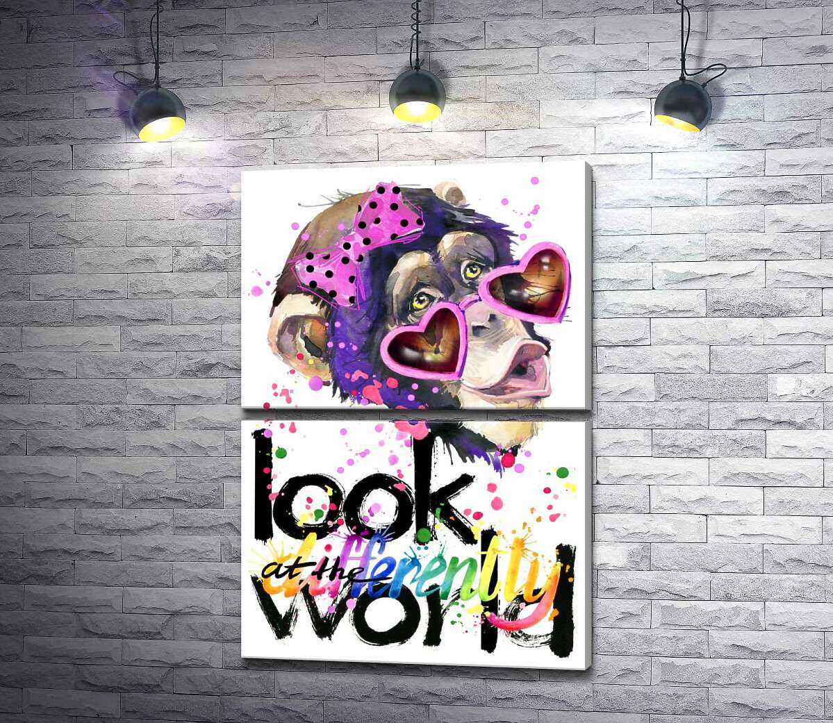 модульна картина Романтична мавпа в окулярах та напис "look at the world differently" (Модуль №7)