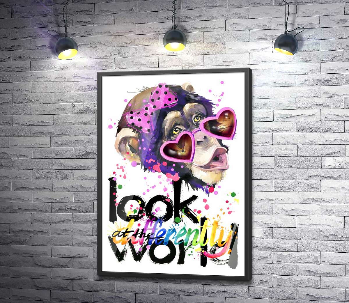 постер Романтичная обезьяна в очках и надпись "look at the world differently"