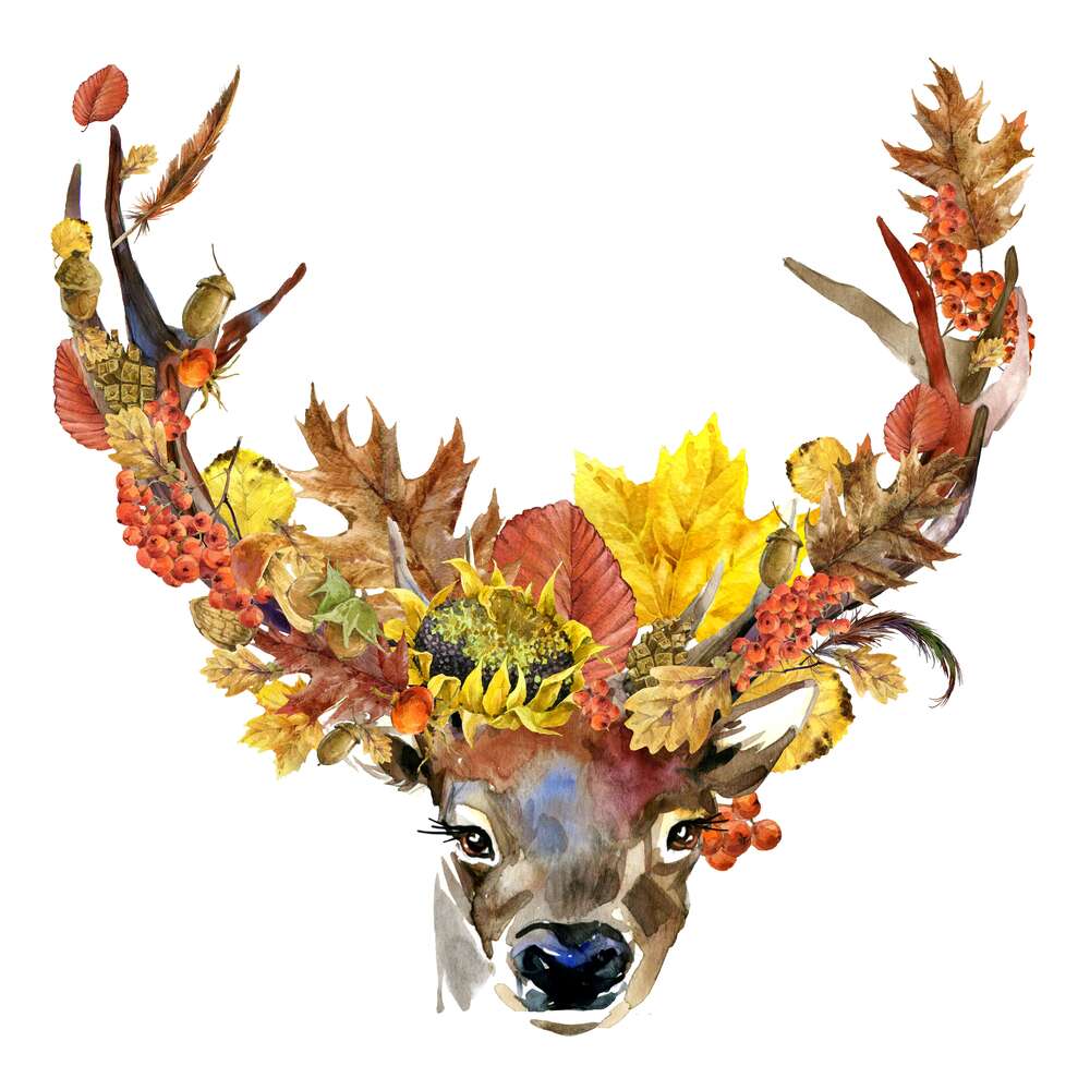 картина-постер Рога оленя украшены осенними дарами леса