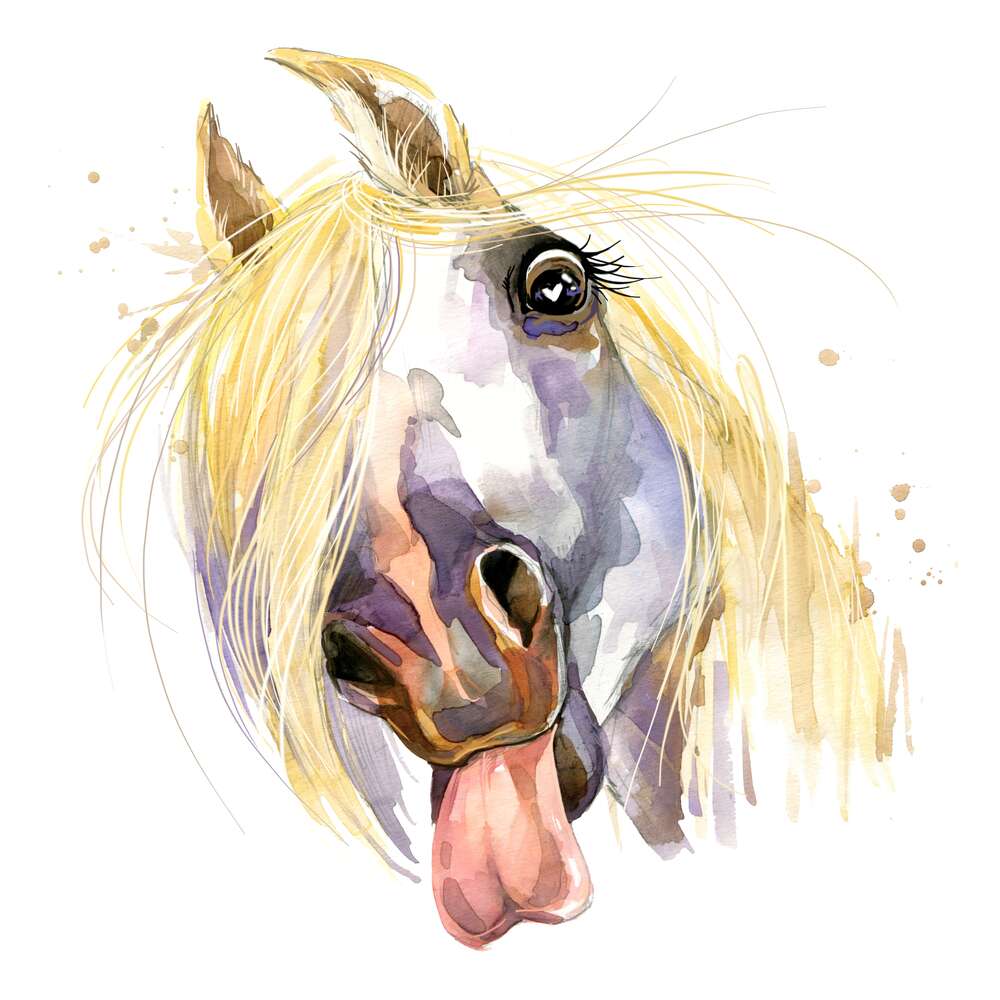 картина-постер Белый конь показывает язык