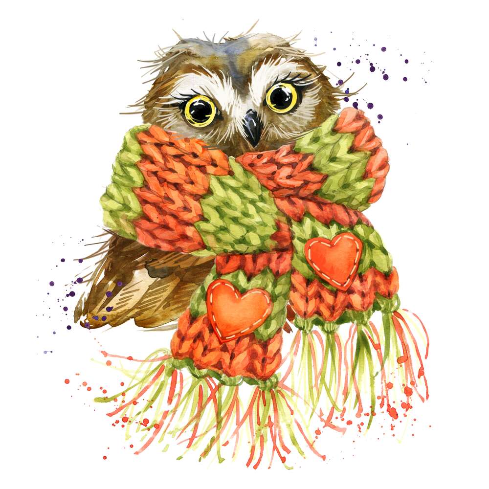 картина-постер Маленькая сова закуталась в теплый вязаный шарф