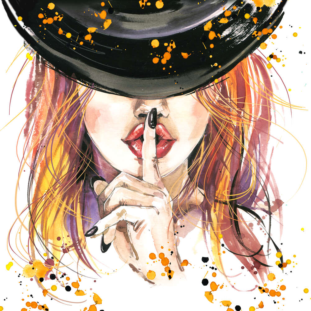 картина-постер Руда дівчина в чорній шляпі приховує секрет