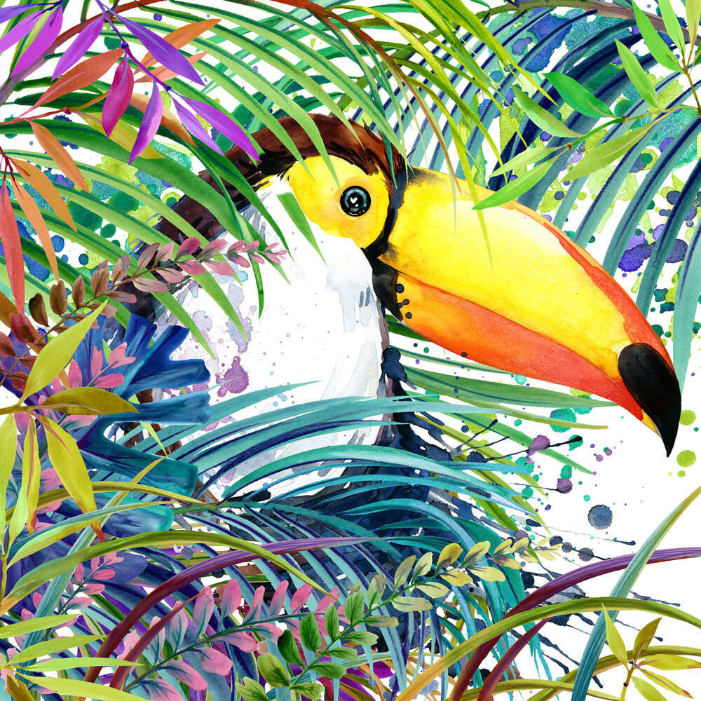 картина-постер Желтоклювый тукан среди тропических листьев джунглей