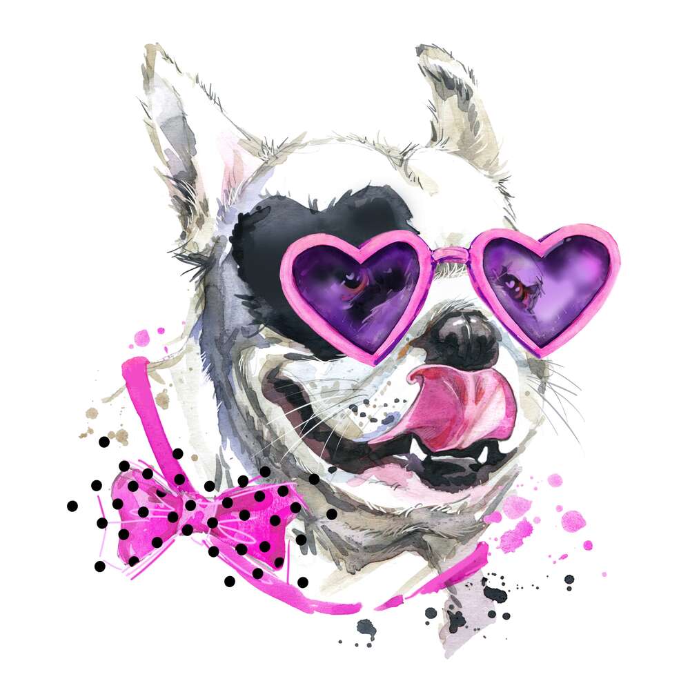 картина-постер Белая собака с черным пятном-сердцем на глазу  и в розовых очках