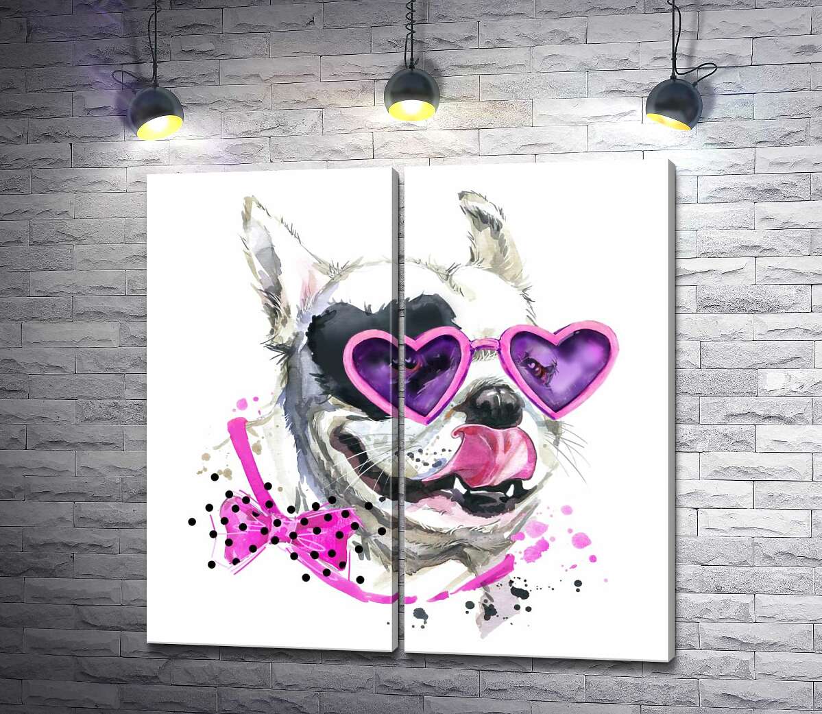 модульна картина Білий собака з чорною плямою-серцем на оці  та в рожевих окулярах