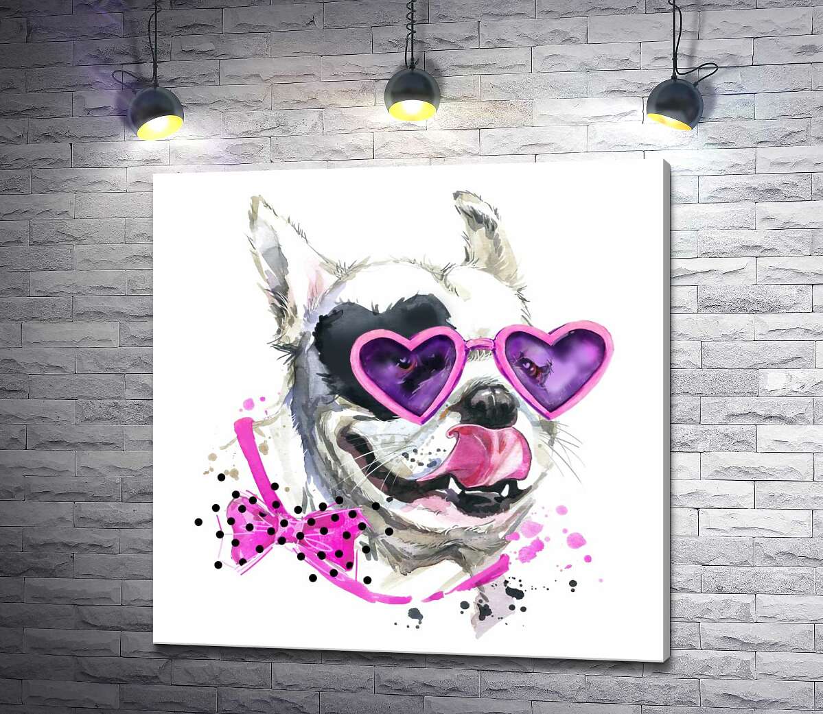 картина Білий собака з чорною плямою-серцем на оці  та в рожевих окулярах