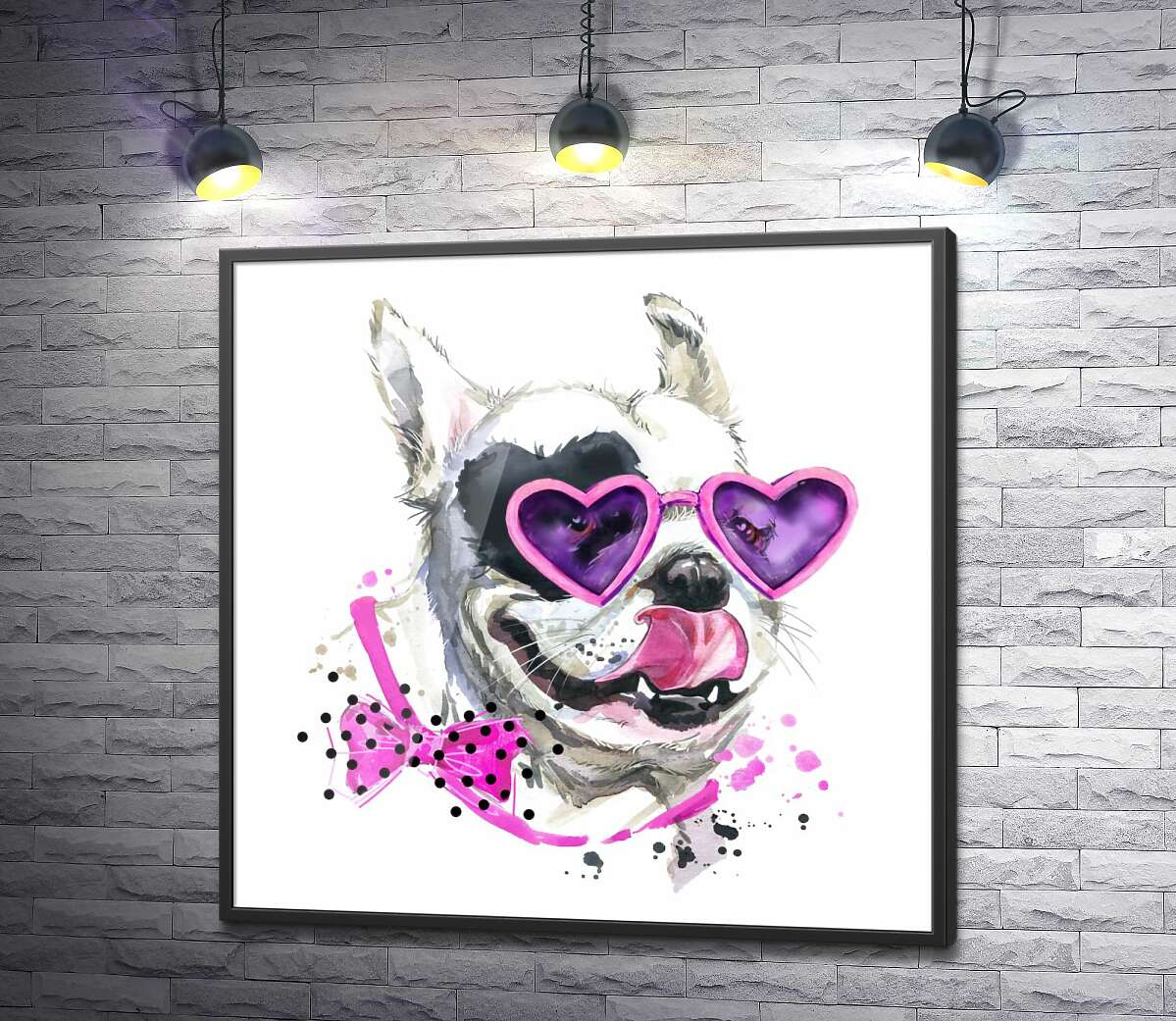 постер Білий собака з чорною плямою-серцем на оці  та в рожевих окулярах