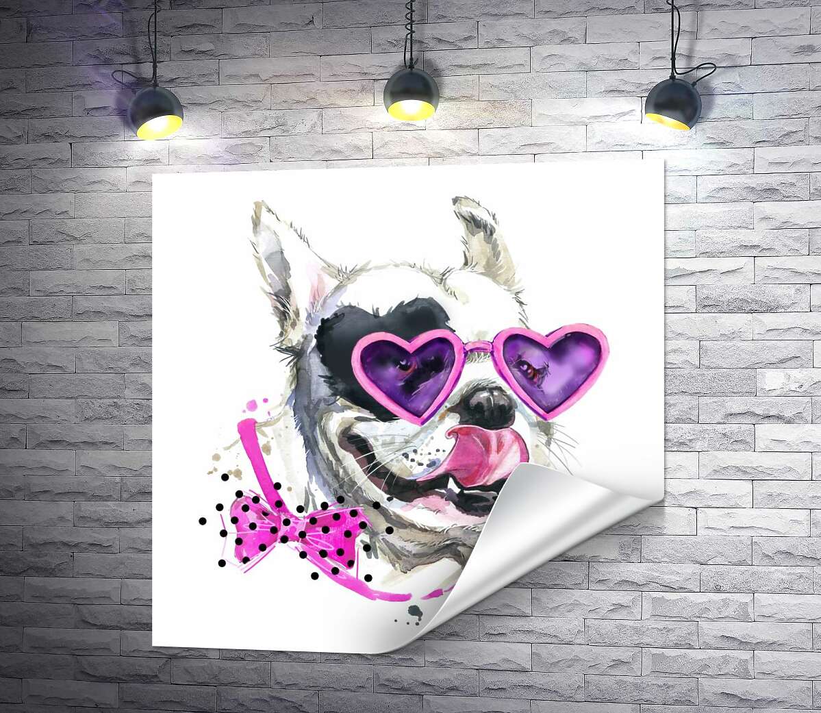 печать Белая собака с черным пятном-сердцем на глазу  и в розовых очках