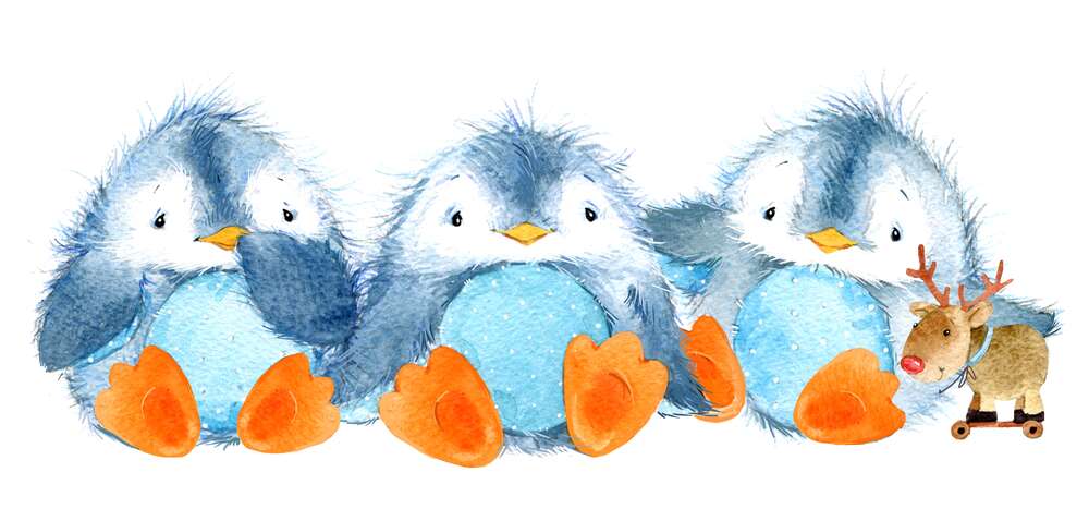картина-постер Три пингвина и игрушечный олень