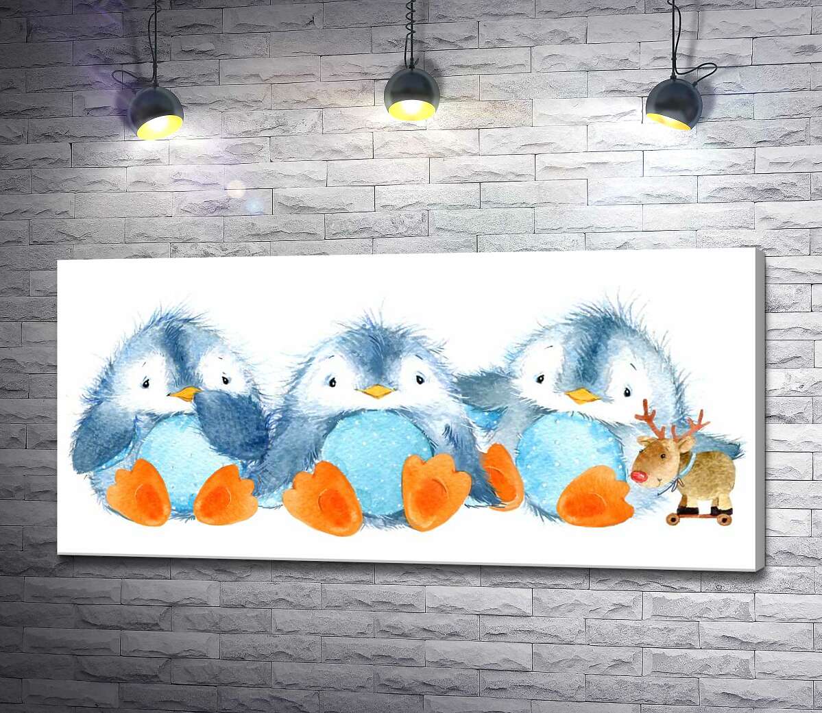 картина Три пінгвіна та іграшковий олень