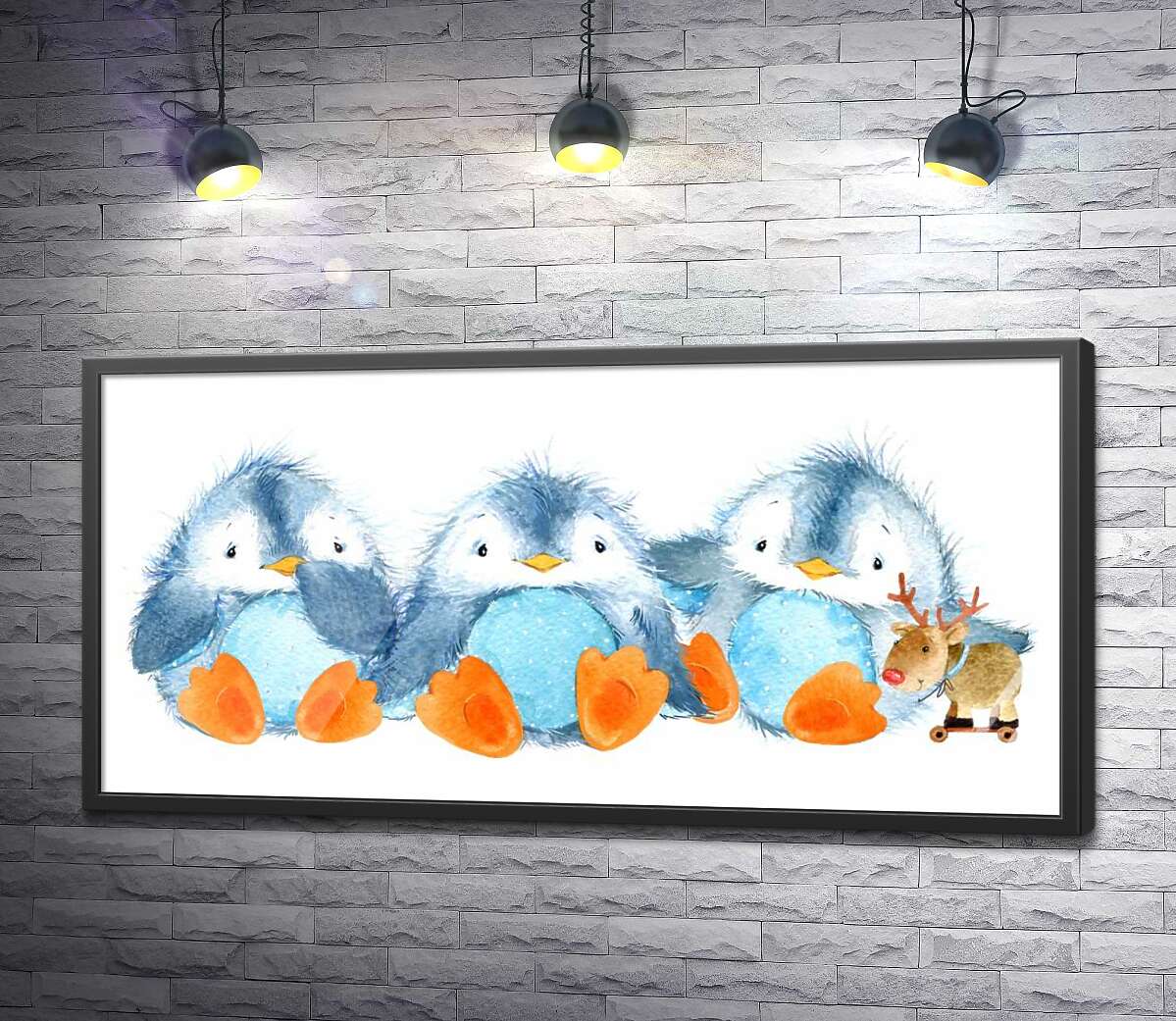 постер Три пінгвіна та іграшковий олень