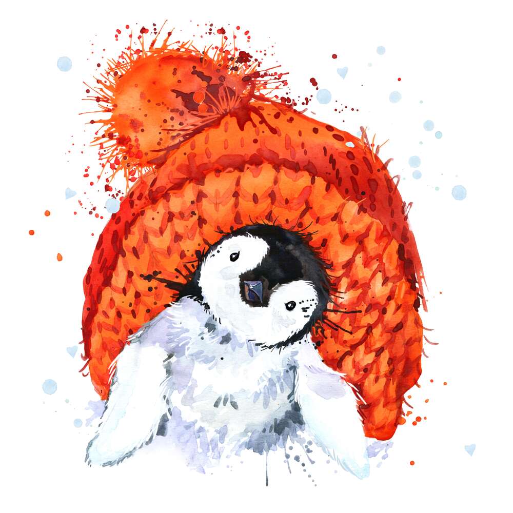 картина-постер Пухнасте пінгвеня на фоні помаранчевої шапки