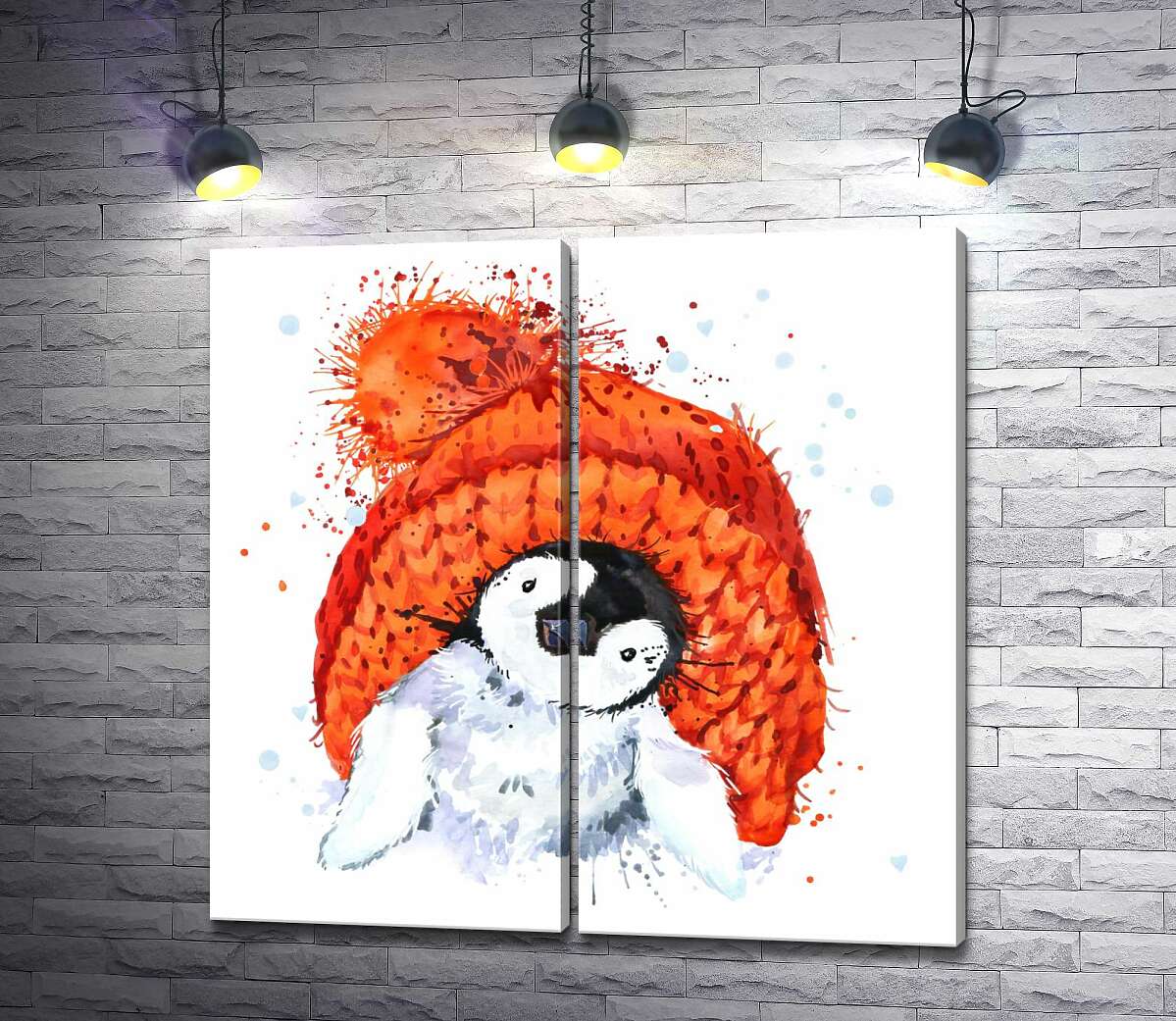 модульная картина Пушистый пингвенок на фоне оранжевой шапки
